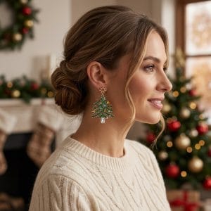 گوشواره طرح درخت کریسمس آی ام در گوش مدل
