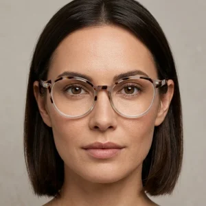 عینک مطالعه گرد لاکی نمره ۳ سفارش آلمان روی صورت مدل زن جهت بررسی فرم گرد و زیبایی ظاهری