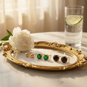 چیدمان شیک پک گوشواره میخی نگین دار طلایی آی ام روی سینی اکسسوری