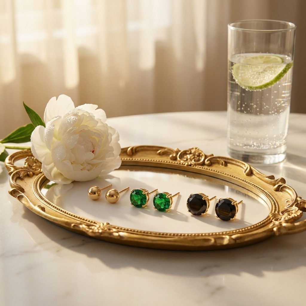 چیدمان شیک پک گوشواره میخی نگین دار طلایی آی ام روی سینی اکسسوری