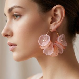 استایل گوشواره حلقه‌ای زنانه حریر هلویی روی گوش مدل