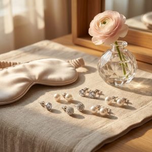 چیدمان پک گوشواره میخی مروارید و نگین نقرهای روی پارچه لینن با نمایش قفل پروانهای و کریستالها