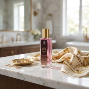 عطر زنانه الحمبرا کریستال نویر روی میز آرایش مرمر