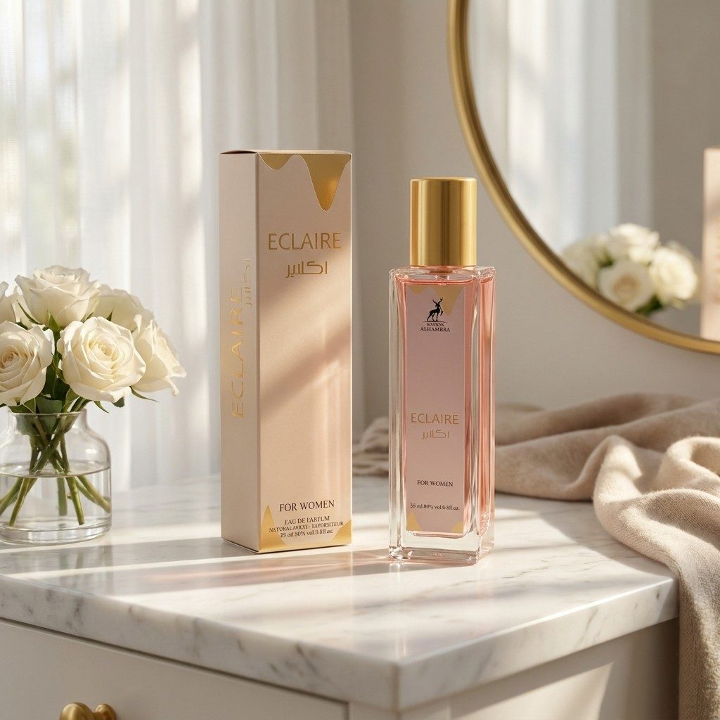 نمای بطری عطر زنانه الحمبرا اکلایر روی پایه لوکس