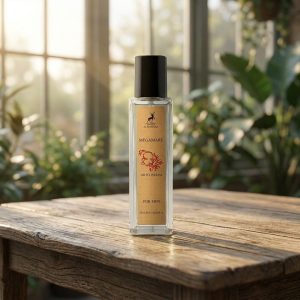 شیشه عطر مردانه میسون الحمبرا مگاماره روی میز چوبی در نور طبیعی گلخانه