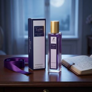 عطر زنانه الحمبرا میدنایت رز روی میز آرایش در کنار لوازم شخصی