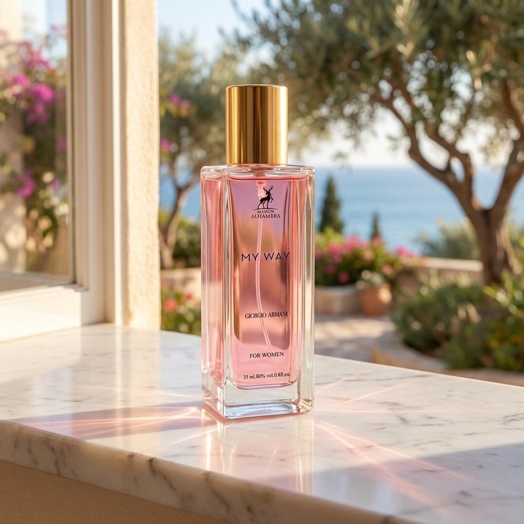 شیشه عطر زنانه الحمبرا مای وی روی لبه سنگ مرمر لوکس