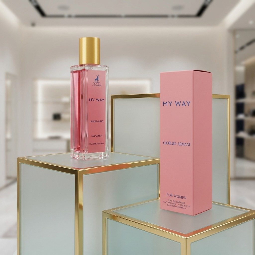 عطر زنانه الحمبرا مای وی روی پایه دکوراتیو نمایشگاهی