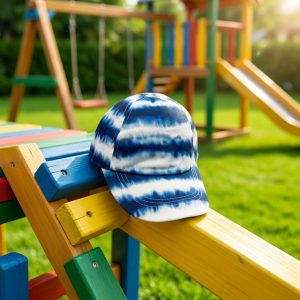 نمای زاویهدار کلاه کپ تای دای بچگانه مولو با پترن ترکیبی آبی و سفید و نقاب منحنی
