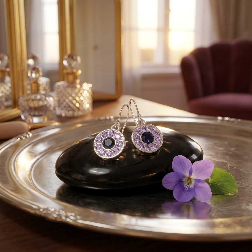 چیدمان شیک گوشواره آویز کریستالی آبی اورسای روی سینی سنگی دکوراتیو