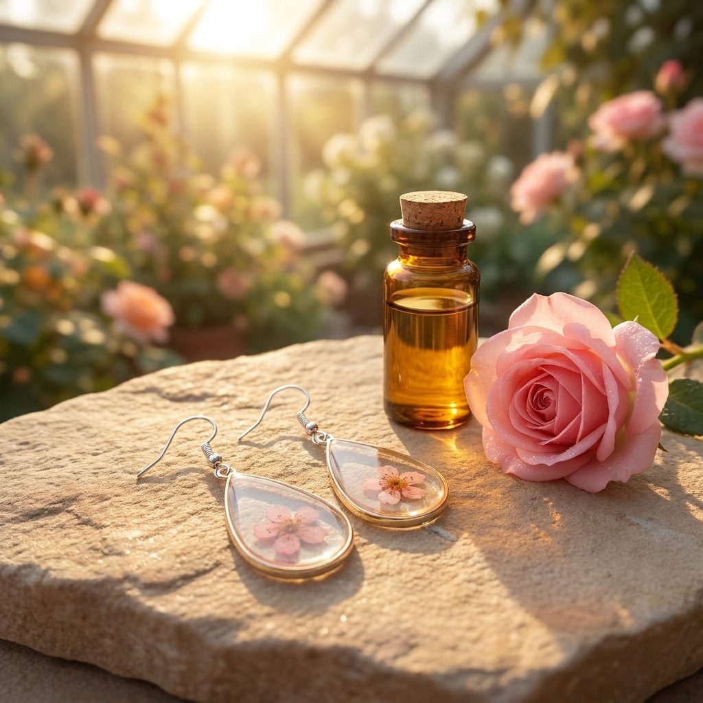 چیدمان گوشواره اشکی رزینی اورسای روی سطح سنگ ماسهای دکوراتیو