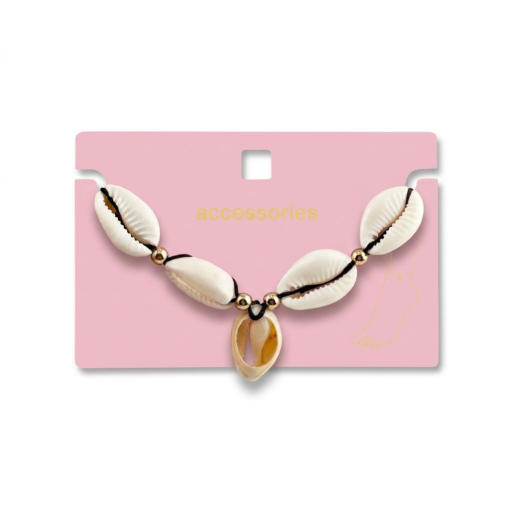 پابند صدفی زنانه اکسسوریز با صدفهای طبیعی و مهرههای طلایی روی کارت بستهبندی صورتی برند accessories