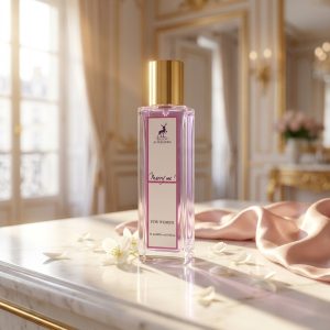 شیشه عطر زنانه میسون الحمبرا مری می روی میز مرمرین با گلهای بهاری و حریر صورتی