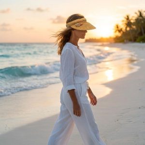 استایل ساحلی تابستانه کلاه آفتابگیر حصیری زنانه روی سر مدل
