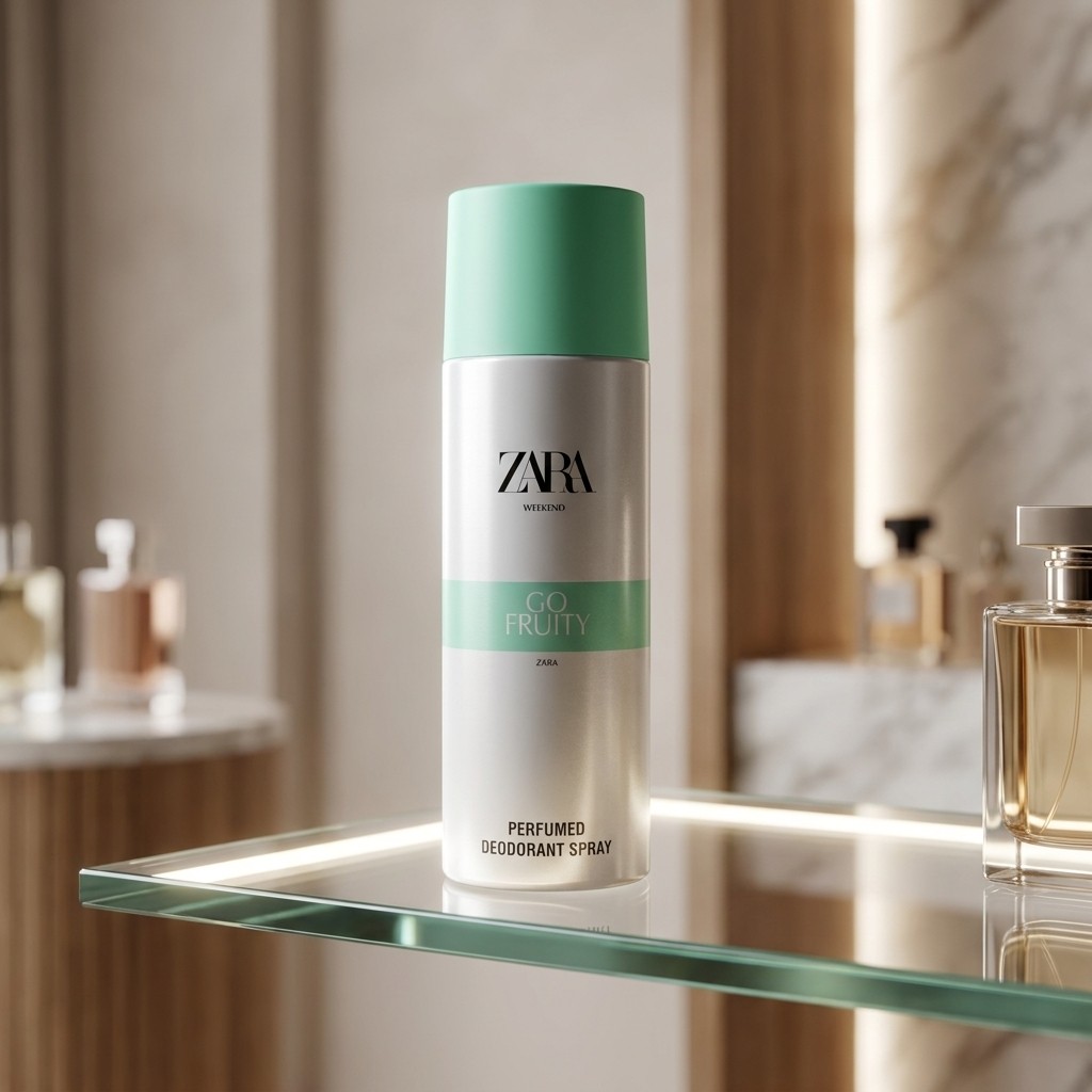 اسپری زنانه زارا گو فروتی ۲۰۰ میل روی استند شیشهای دکور عطر