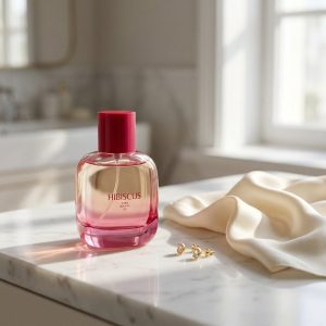 عطر زنانه زارا هیبیسکوس روی میز مرمرین آرایش در نور ملایم روز