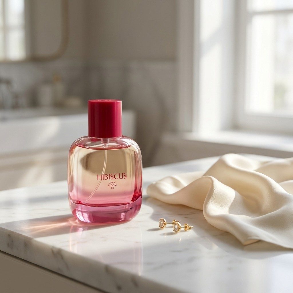 عطر زنانه زارا هیبیسکوس روی میز مرمرین آرایش در نور ملایم روز