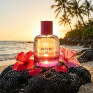 شیشه عطر زنانه زارا هیبیسکوس در ساحل استوایی هنگام غروب آفتاب