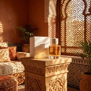 ادکلن زنانه زارا اورینتال روی پایه سنگی مینیمال با نور ملایم