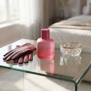 عطر زنانه زارا پینک فلامبه روی میز شیشهای در دکوراسیون مدرن