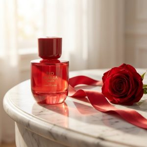 بطری سرخ‌رنگ عطر زنانه زارا رد وانیلا کندی روی میز آرایش با نور طبیعی