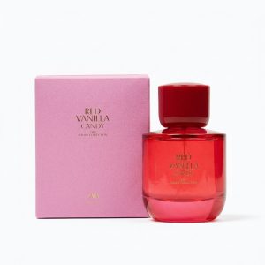 عطر زنانه زارا رد وانیلا کندی ۹۰ میل با شیشه سرخ شفاف و درب زرشکی