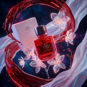 طراحی مفهومی عطر زنانه زارا رد وانیلا اینتنس میان گل‌های کریستالی و قطرات سرخ