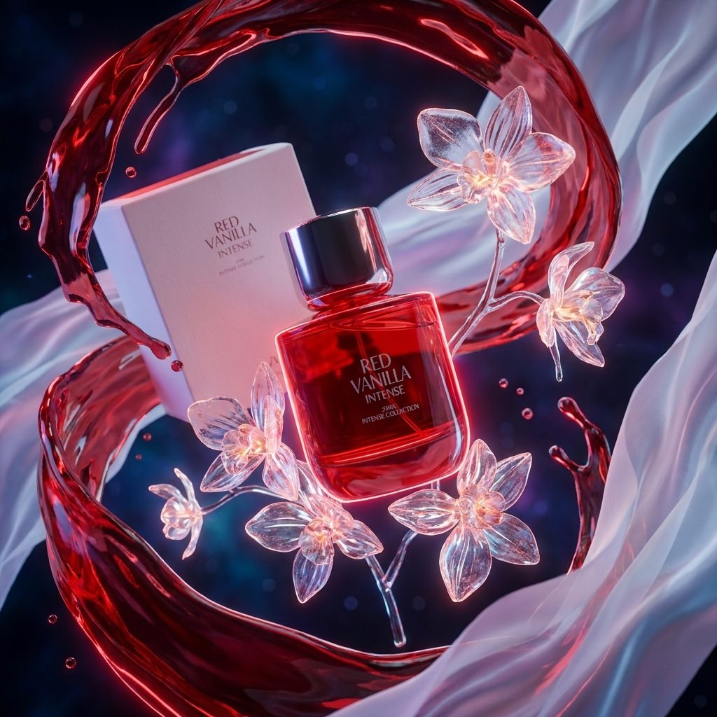 طراحی مفهومی عطر زنانه زارا رد وانیلا اینتنس میان گلهای کریستالی و قطرات سرخ