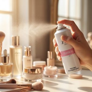 پاشش پودری و اسپری معطر زنانه زارا توب رز روی میز آرایش در دست