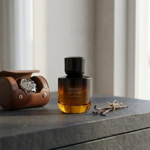 عطر زنانه زارا وایبرنت کارامل روی میز سنگ اسلیت آرایش