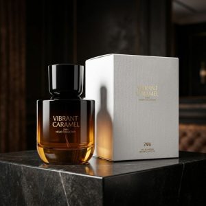 شیشه عطر زنانه زارا وایبرنت کارامل روی پایه سنگی دکوراتیو